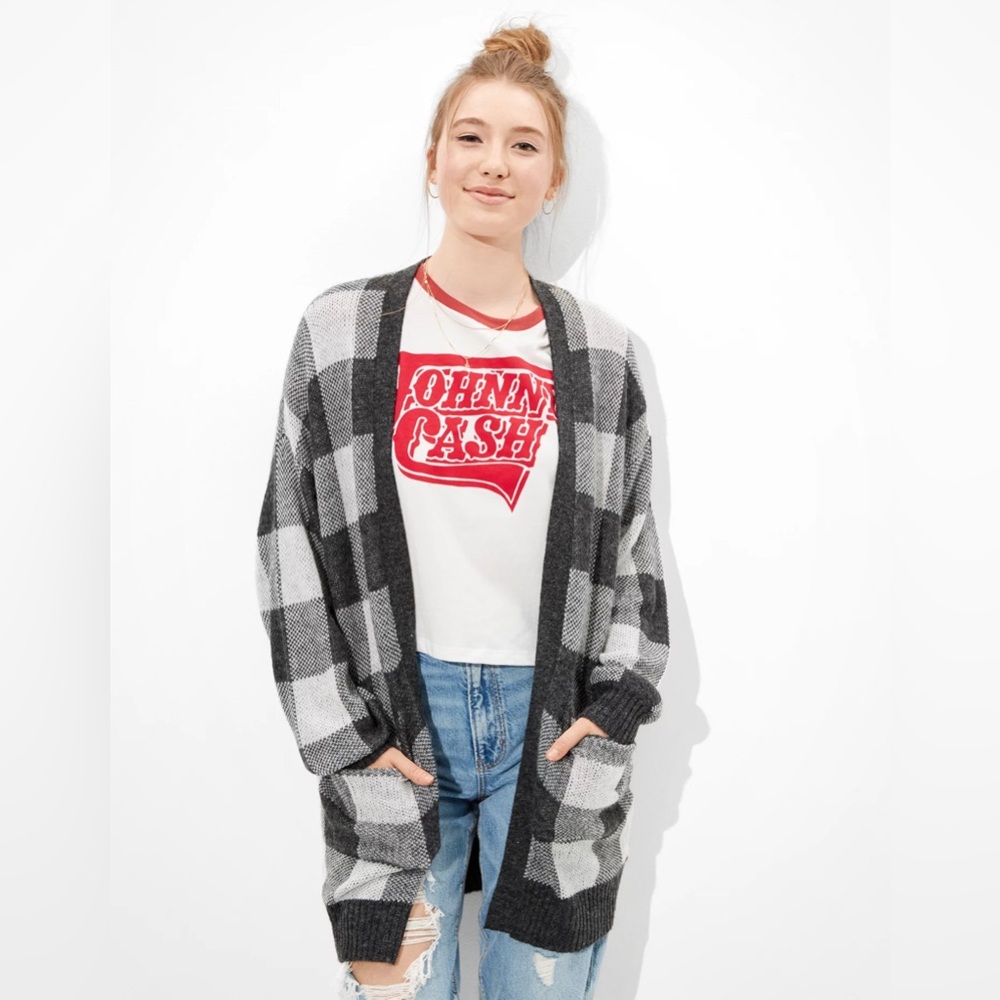 American Eagle Oversized Plaid Wool Blend Open Cardigan Size Large